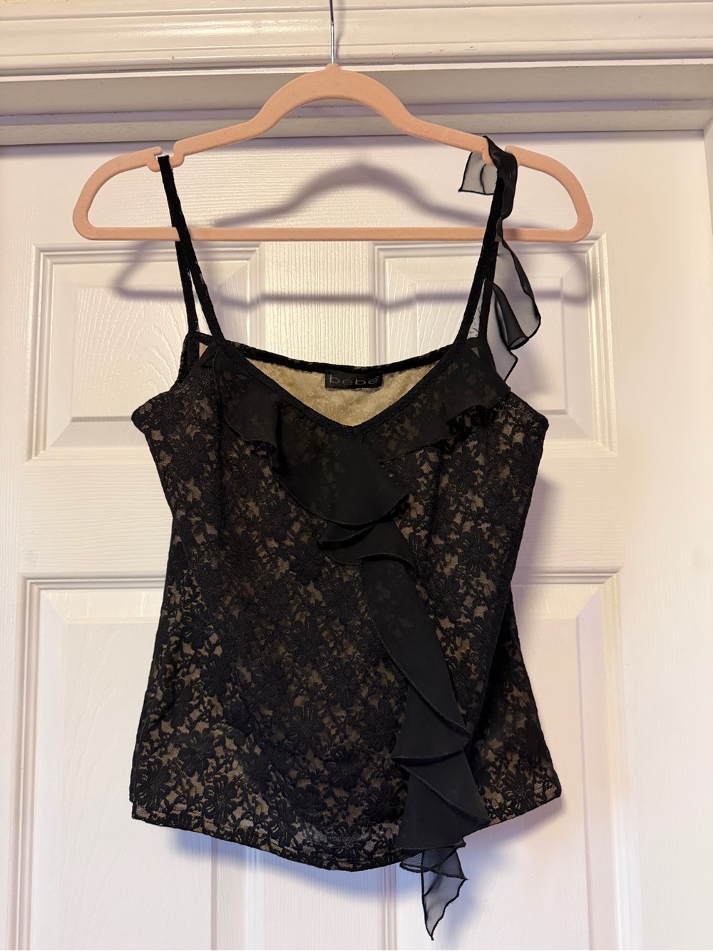 Y2K Bebe Lace Ruffle Camisole Top - Black - Size M